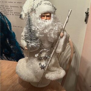 White santa w silver on wood base